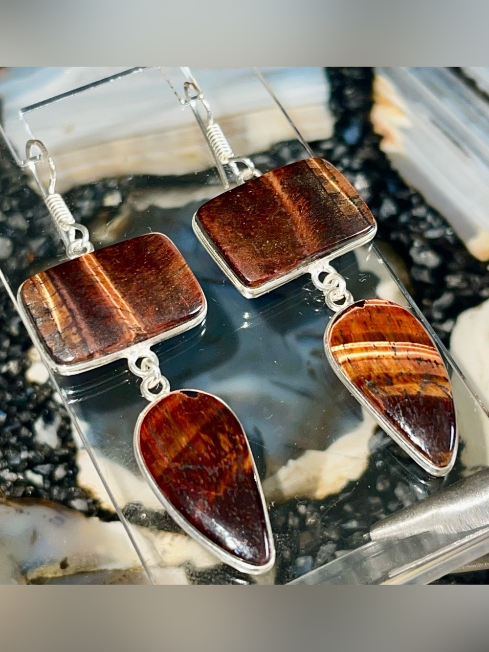 Redish Golden Brown Tiger Eye Earrings 2 1/2”